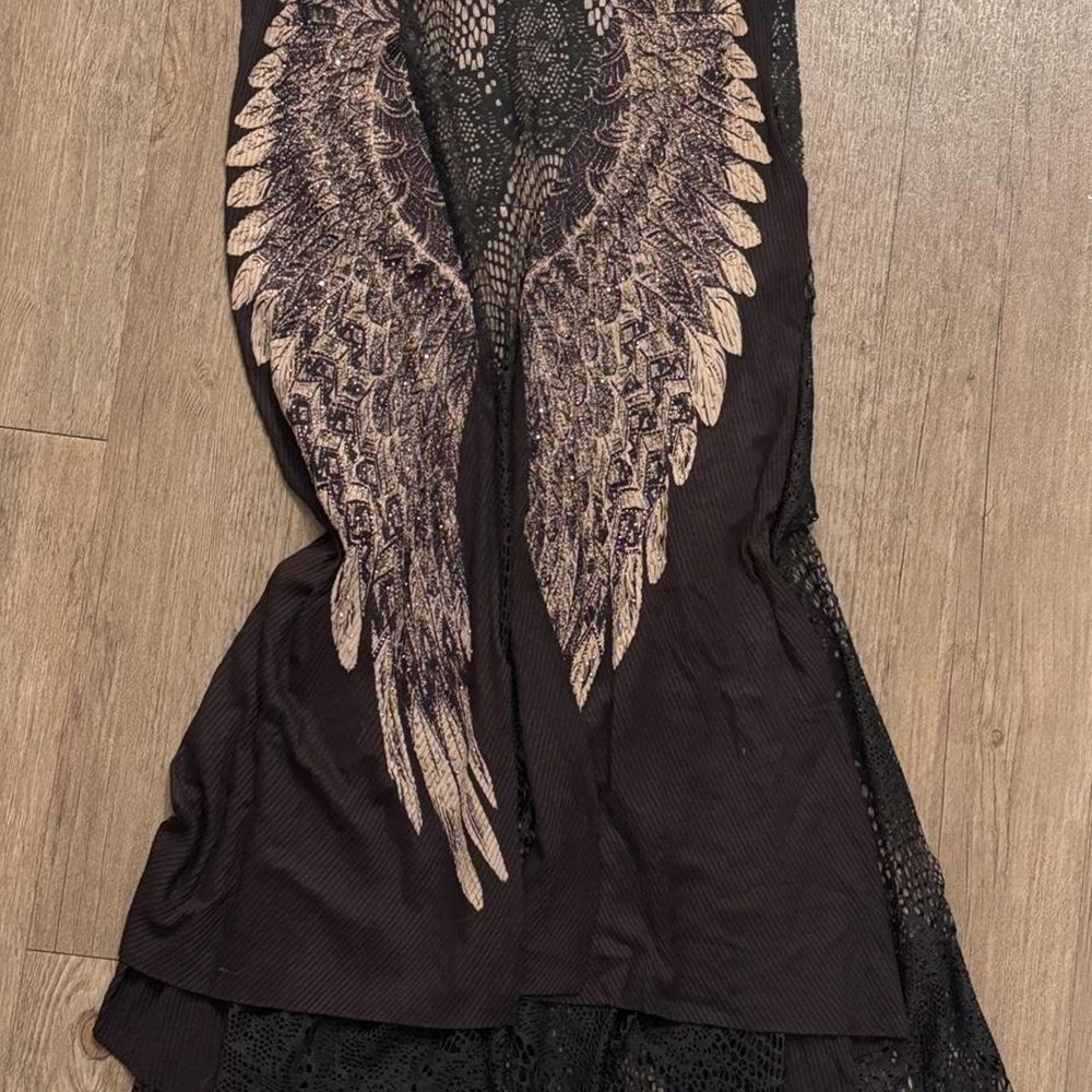 Vintage Y2K 2000s avangard goth angel wings lace vest sequin wings graphic net